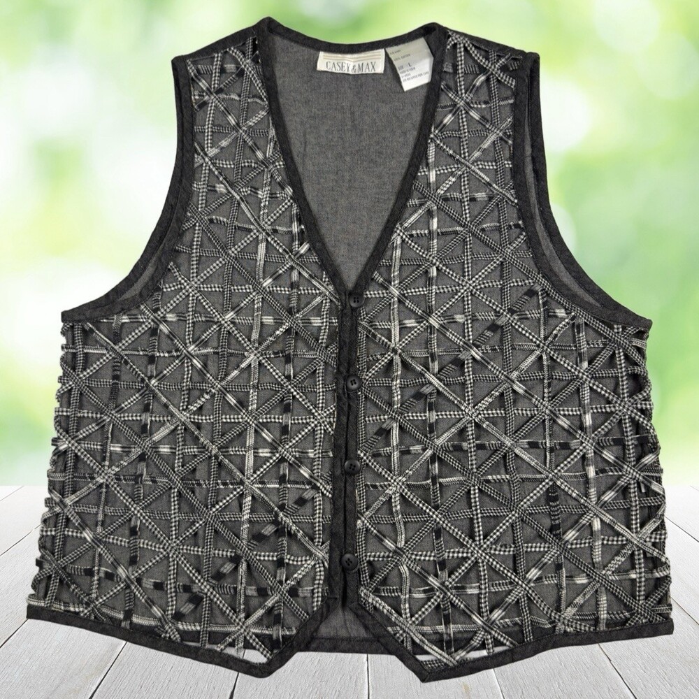Vintage CASEY MAX Denim Vest Womens L Black White Lattice Plaid Y2K Academia Y2K